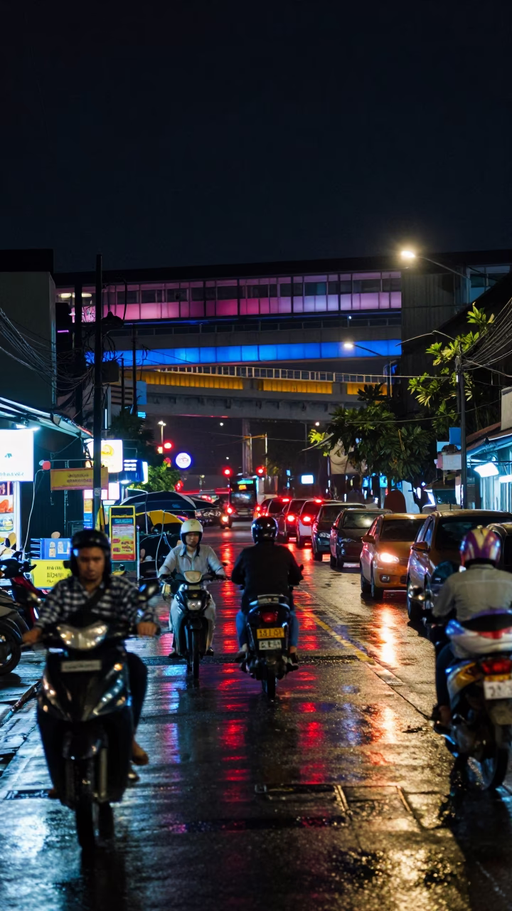Street Scene in Surabaya at Deep In The Night Light in in Surabaya, Indonesia