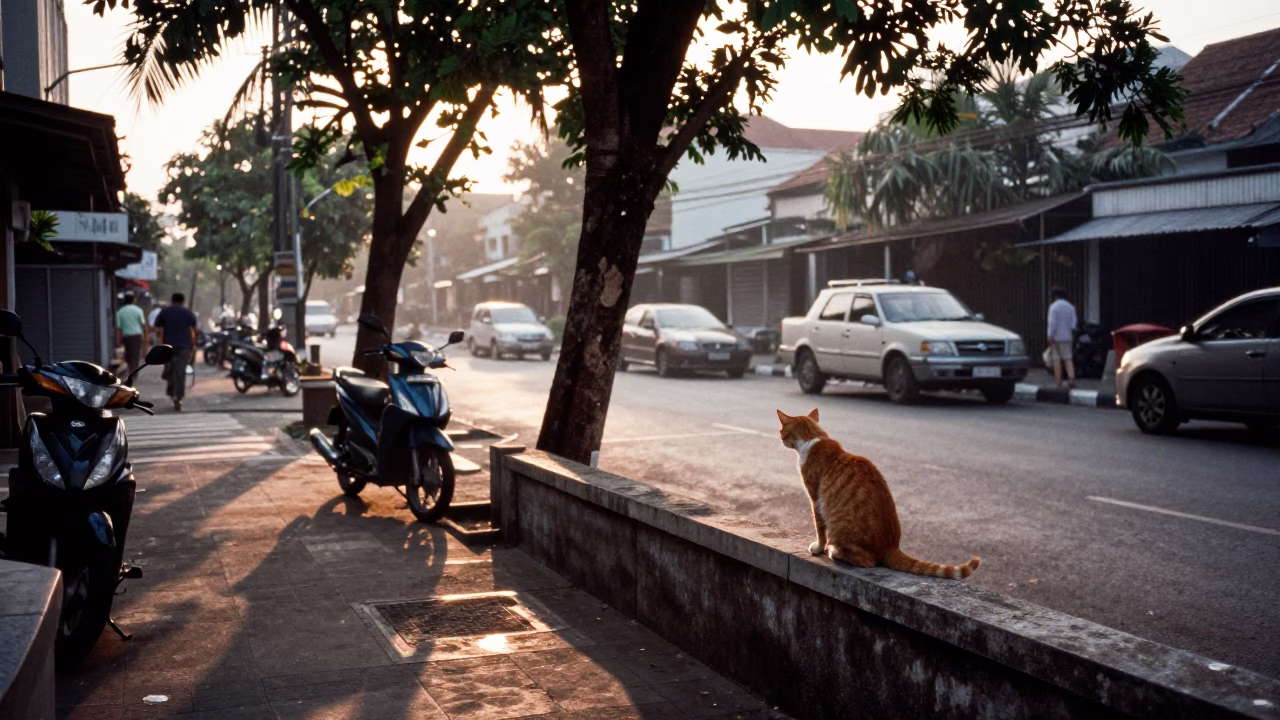Street Scene in Surabaya at First Light Of Dawn in in Surabaya, Indonesia