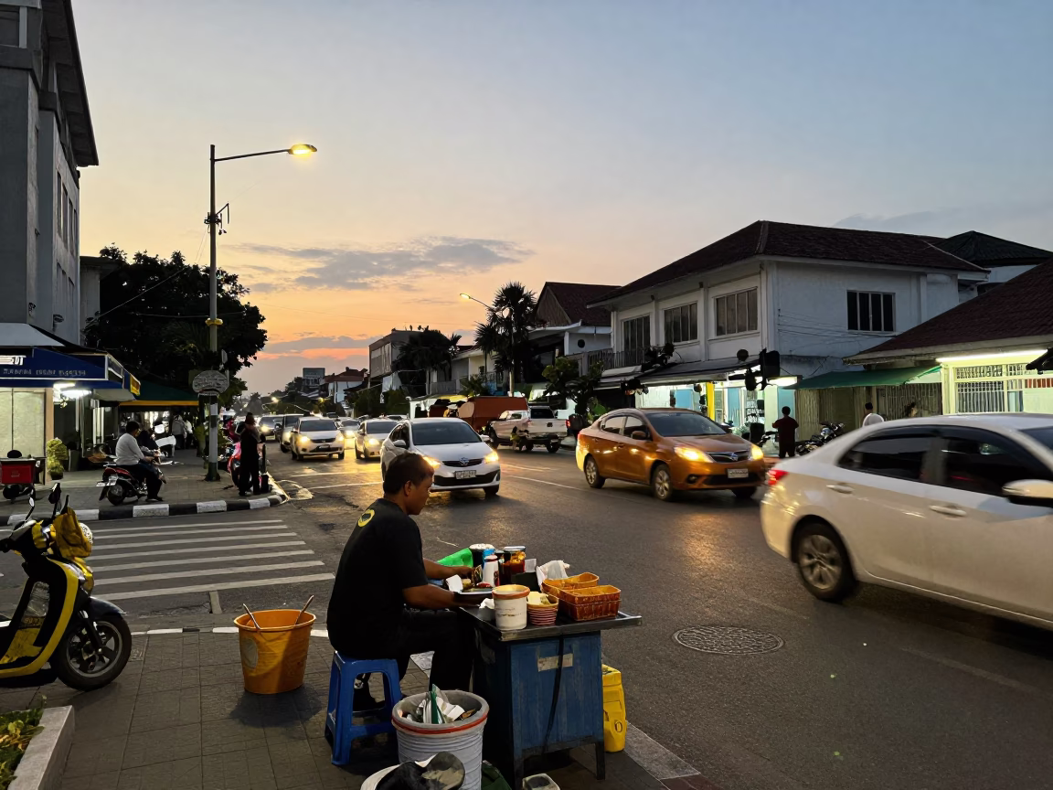 Street Scene in Surabaya Indonesia Early Evening with Local Vendor and Vintage Atmosphere in in Surabaya, Indonesia