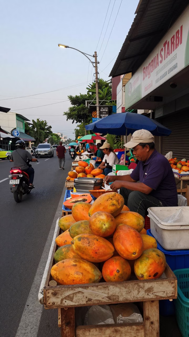 Street Scene in Surabaya Indonesia Early Evening with Papayas and Daily Life in in Surabaya, Indonesia