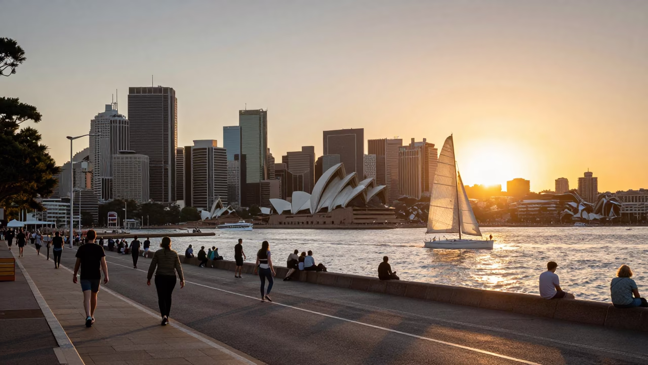 Street Scene in Sydney at As The Sun Drops Toward The Horizon in in Sydney, New South Wales, Australia