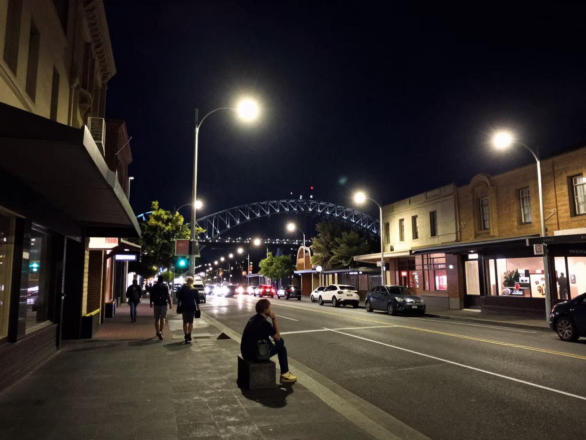 Street Scene in Sydney at The Deepest Night Sky Light in in Sydney, New South Wales, Australia