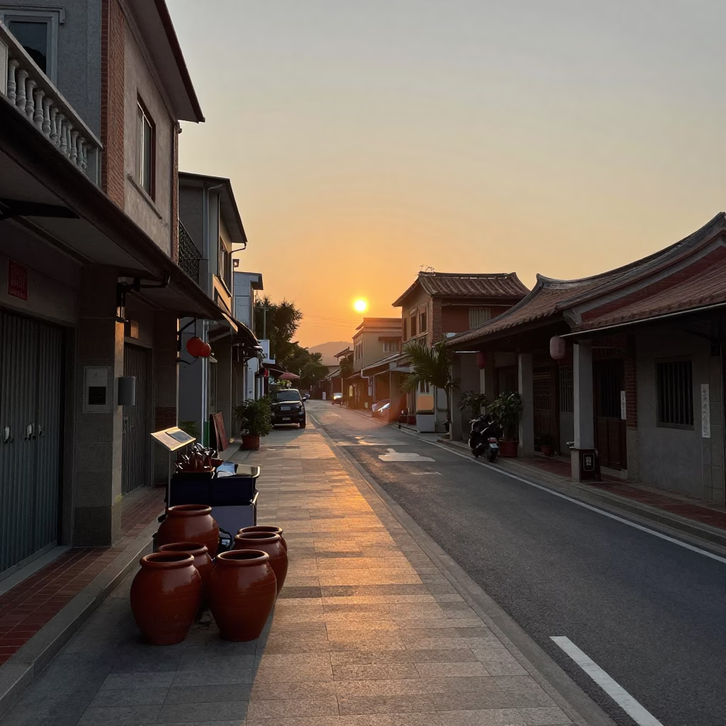 Street Scene in Tainan at As The Sun Drops Toward The Horizon in in Tainan, Taiwan