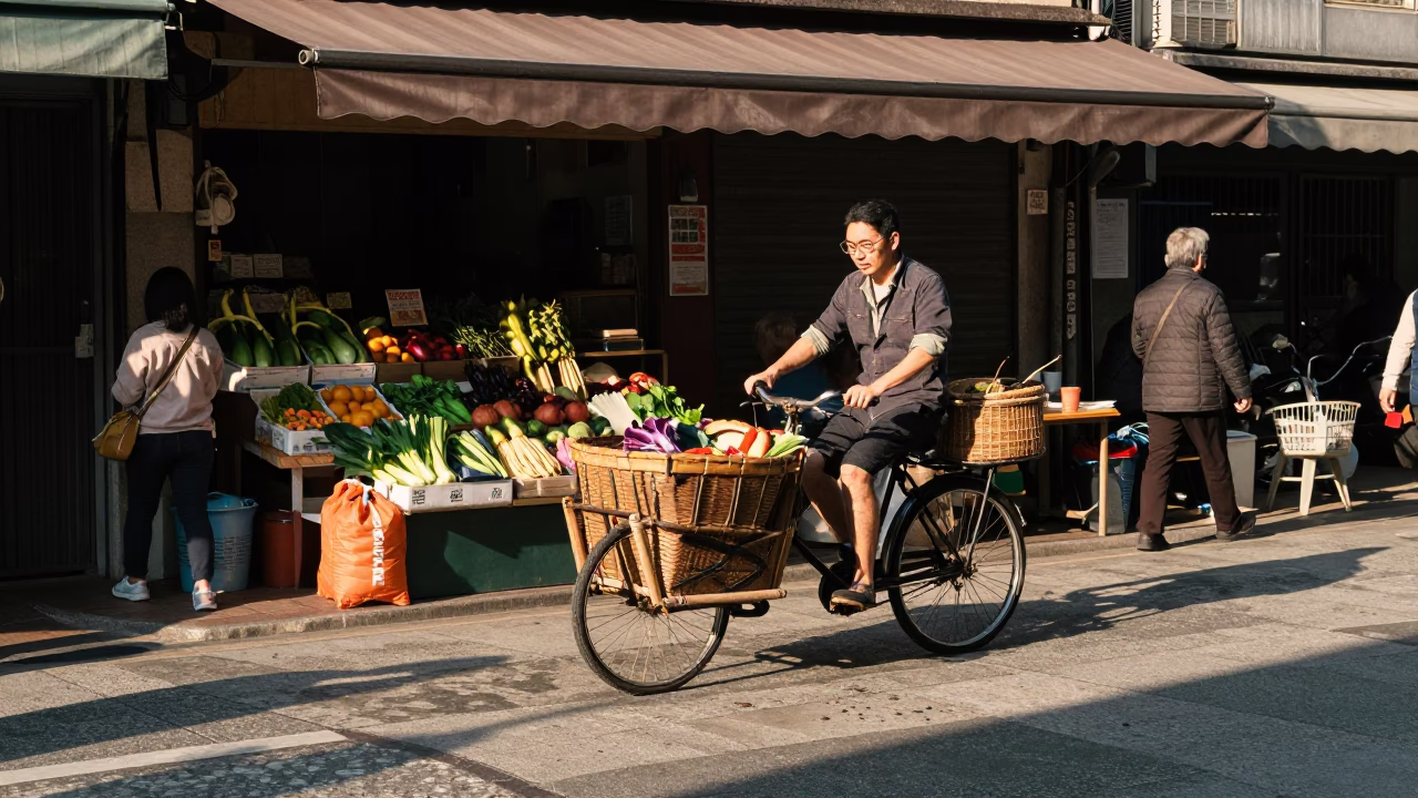 Street Scene in Tainan at Clear Late-afternoon Light in in Tainan, Taiwan