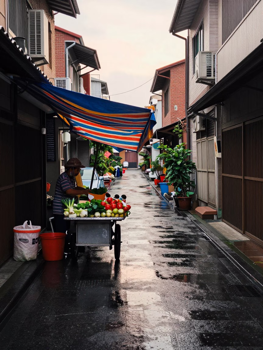 Street Scene in Tainan at First Light in in Tainan, Taiwan