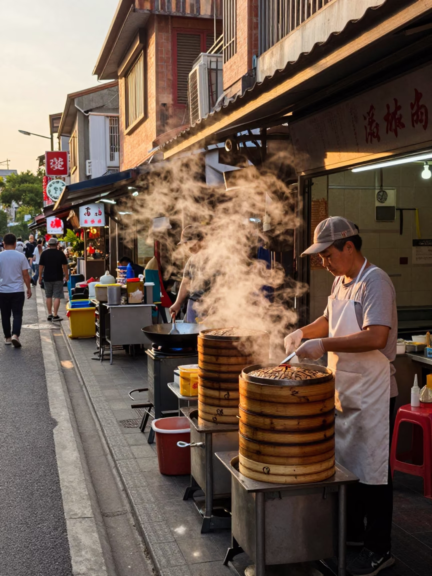 Street Scene in Tainan at Honeyed Evening Light in in Tainan, Taiwan