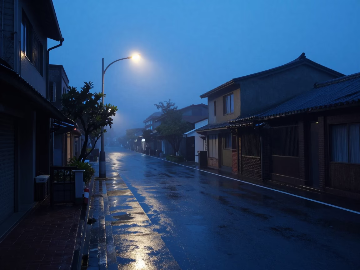 Street Scene in Tainan at The Predawn Darkness Light in in Tainan, Taiwan
