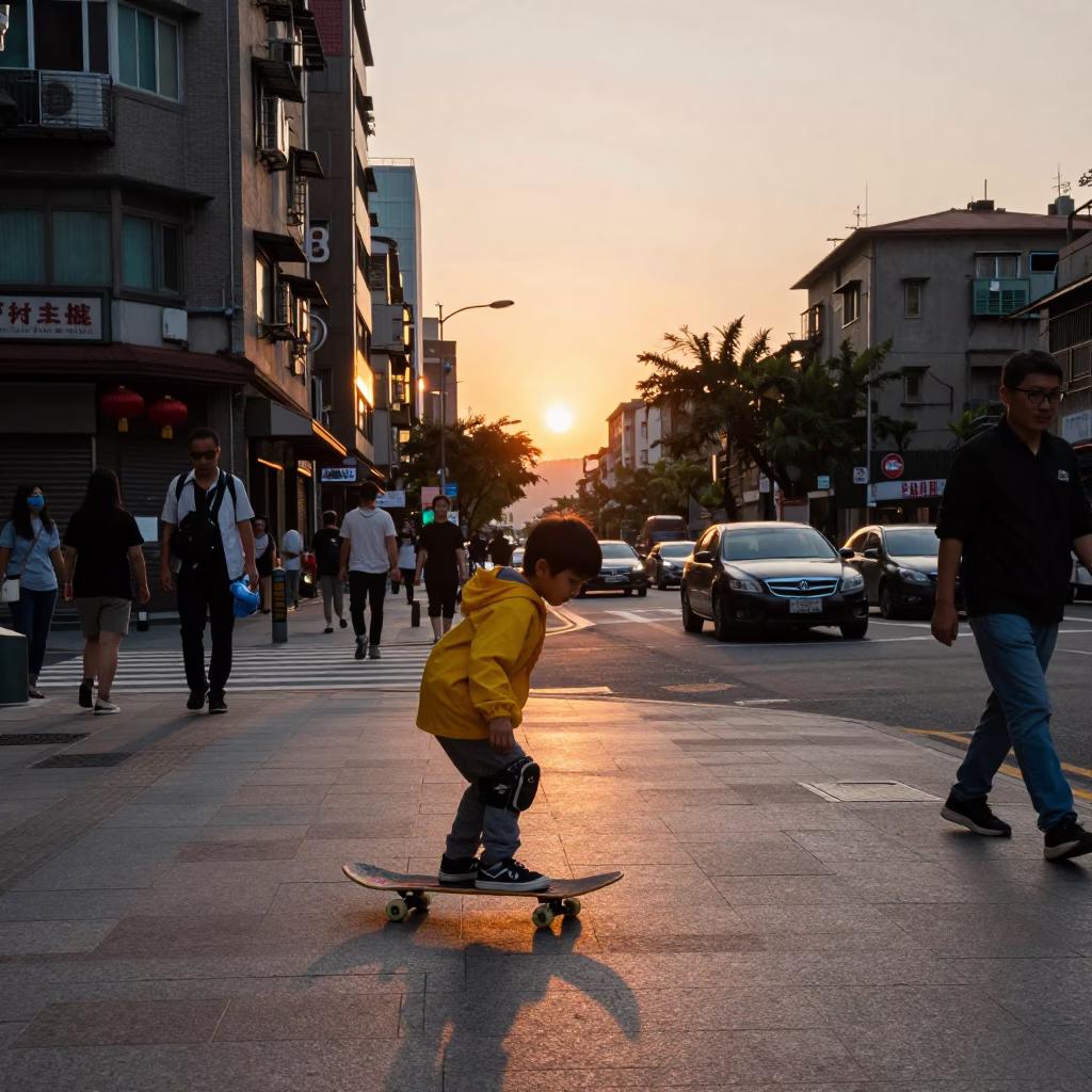 Street Scene in Taipei at As The Sun Drops Toward The Horizon in in Taipei, Taiwan
