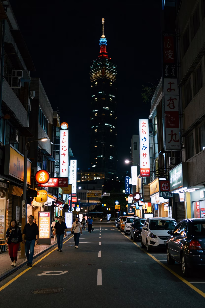 Street Scene in Taipei at The Deepest Night Sky Light in in Taipei, Taiwan