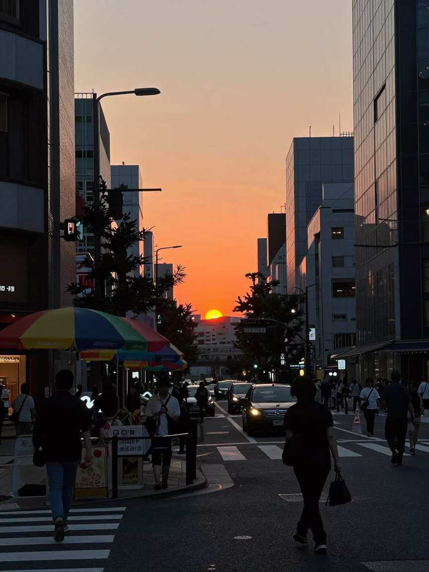 Street Scene in Tokyo at As The Sun Drops Toward The Horizon in in Tokyo, Japan