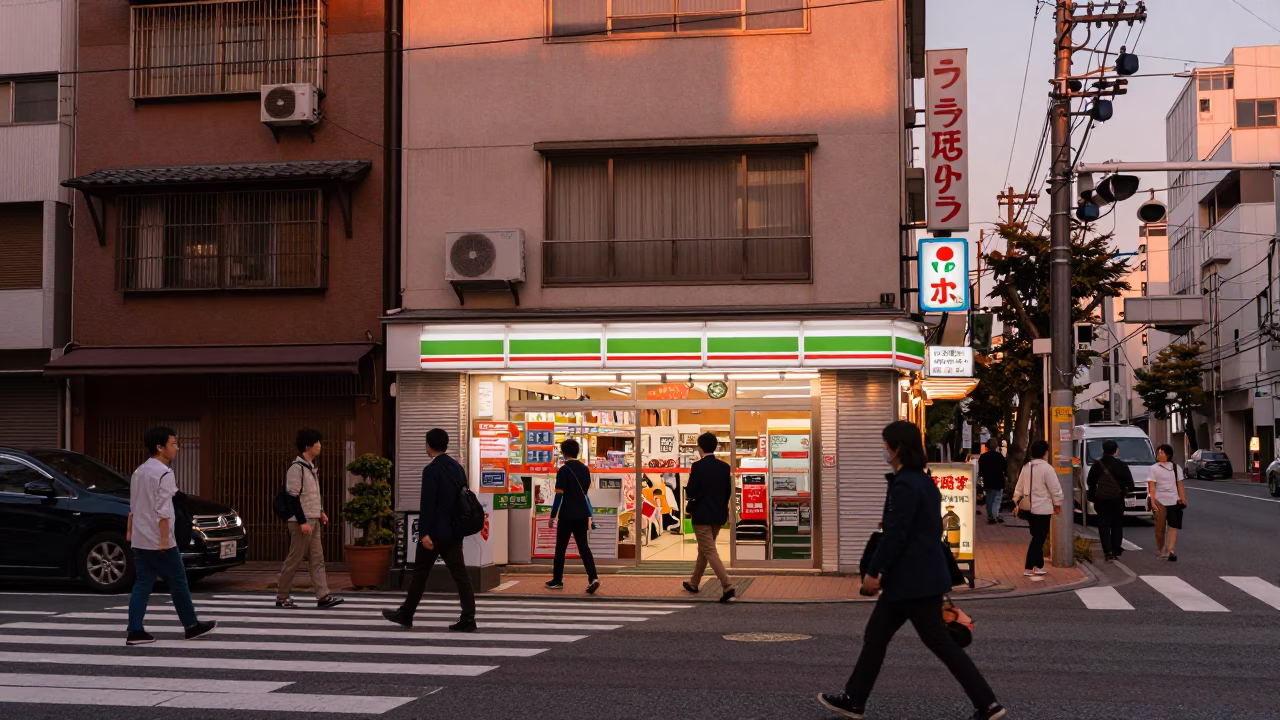 Street Scene in Tokyo at Copper-toned Light Before Dusk in in Tokyo, Japan