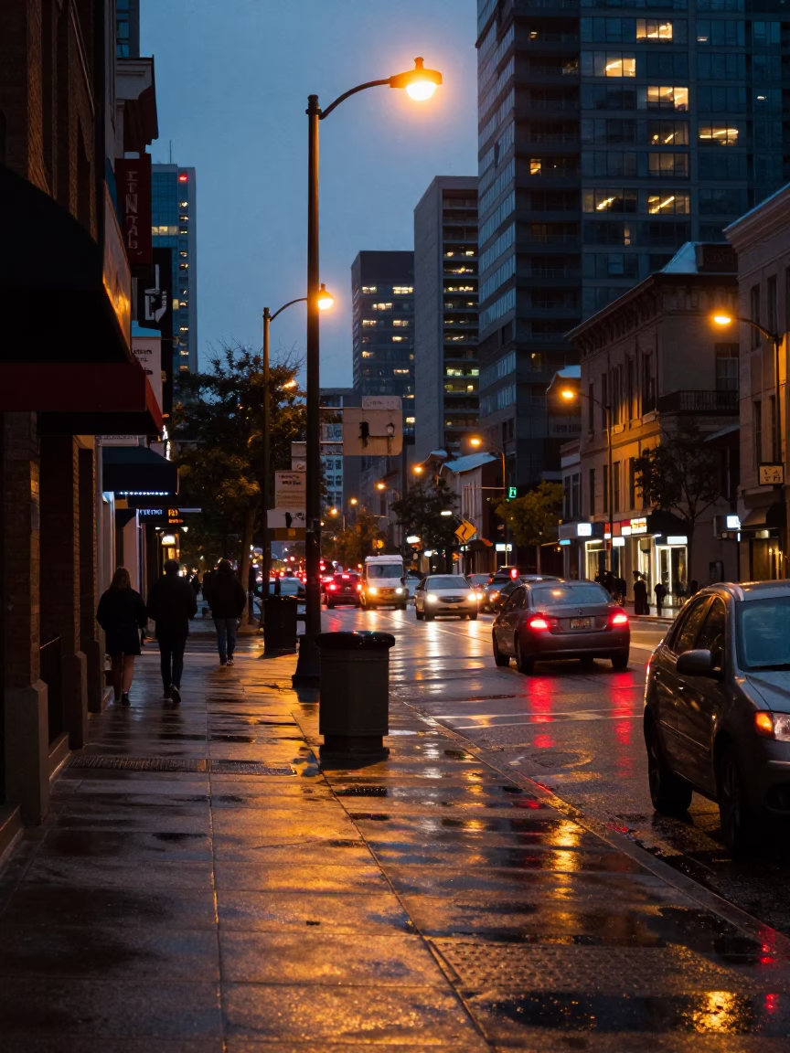 Street Scene in Toronto at As City Lights Begin To Glow in in Toronto, Ontario, Canada