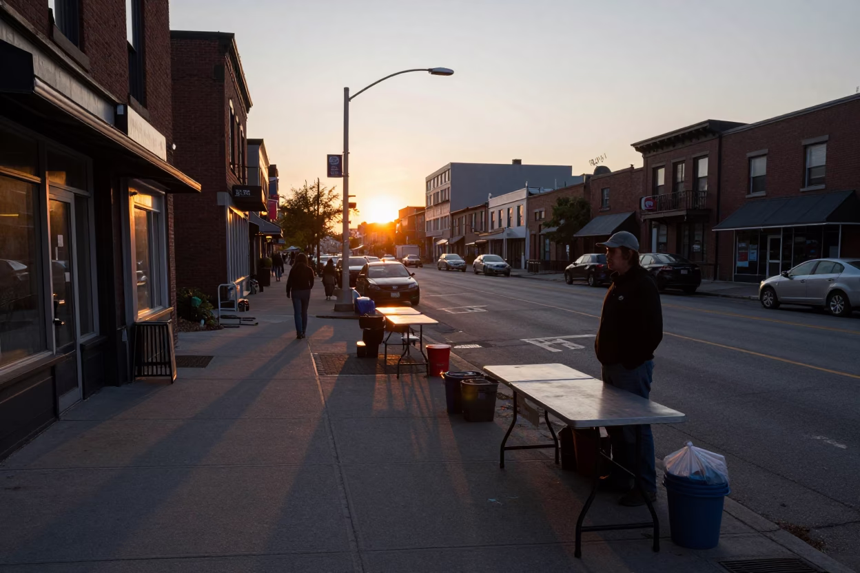 Street Scene in Toronto at As The Sun Drops Toward The Horizon in in Toronto, Ontario, Canada