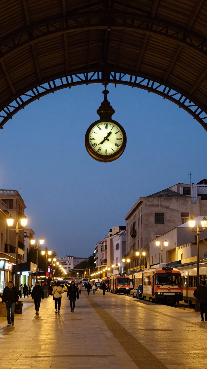 Street Scene in Tunis at As City Lights Begin To Glow in in Tunis, Tunisia