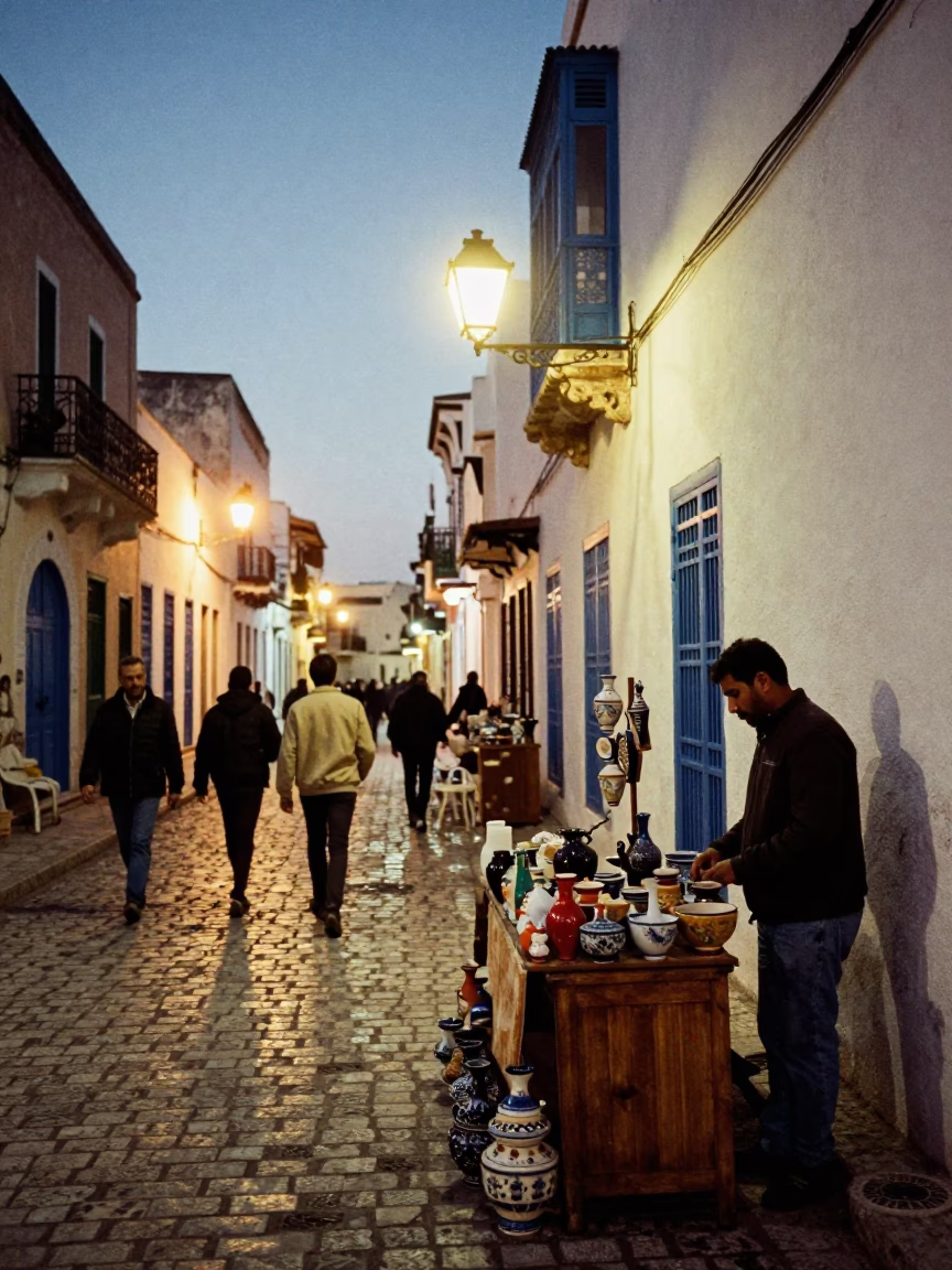 Street Scene in Tunis at As City Lights Begin To Glow in in Tunis, Tunisia