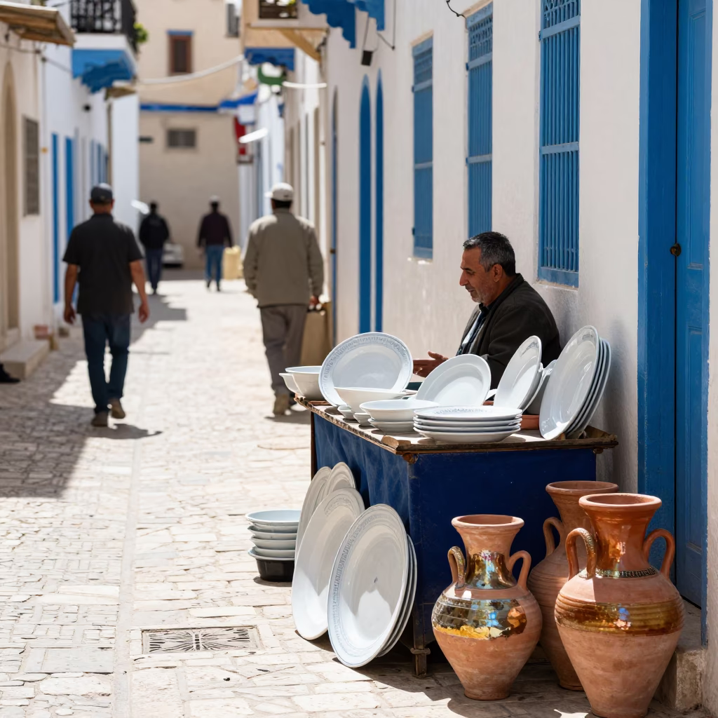 Street Scene in Tunis at Bright Midmorning Light in in Tunis, Tunisia