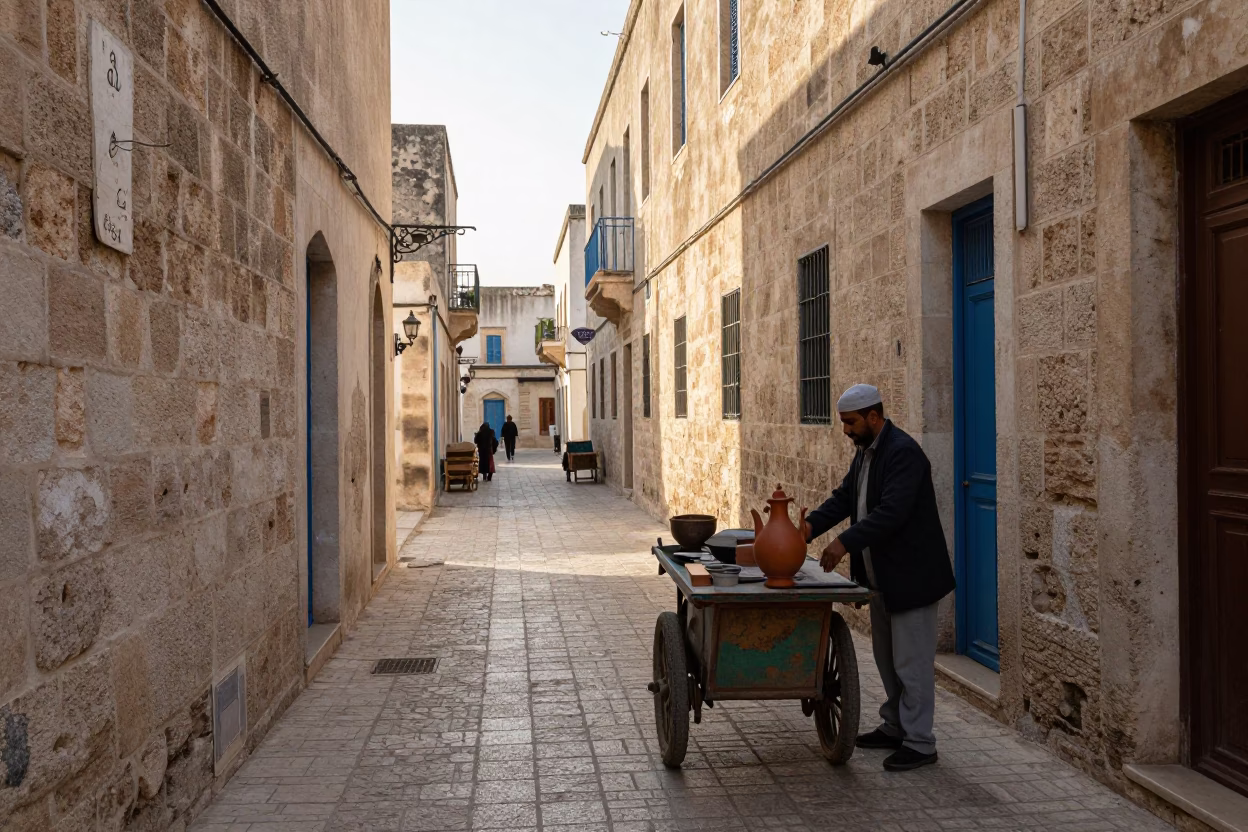 Street Scene in Tunis at The Early Morning Light in in Tunis, Tunisia
