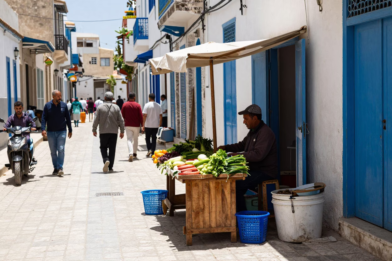 Street Scene in Tunis at The Flat Glare Of Noon Light in in Tunis, Tunisia