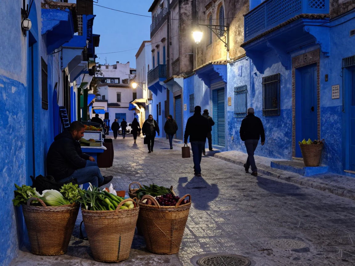 Street Scene in Tunis at The Last Blue Light Of Evening in in Tunis, Tunisia