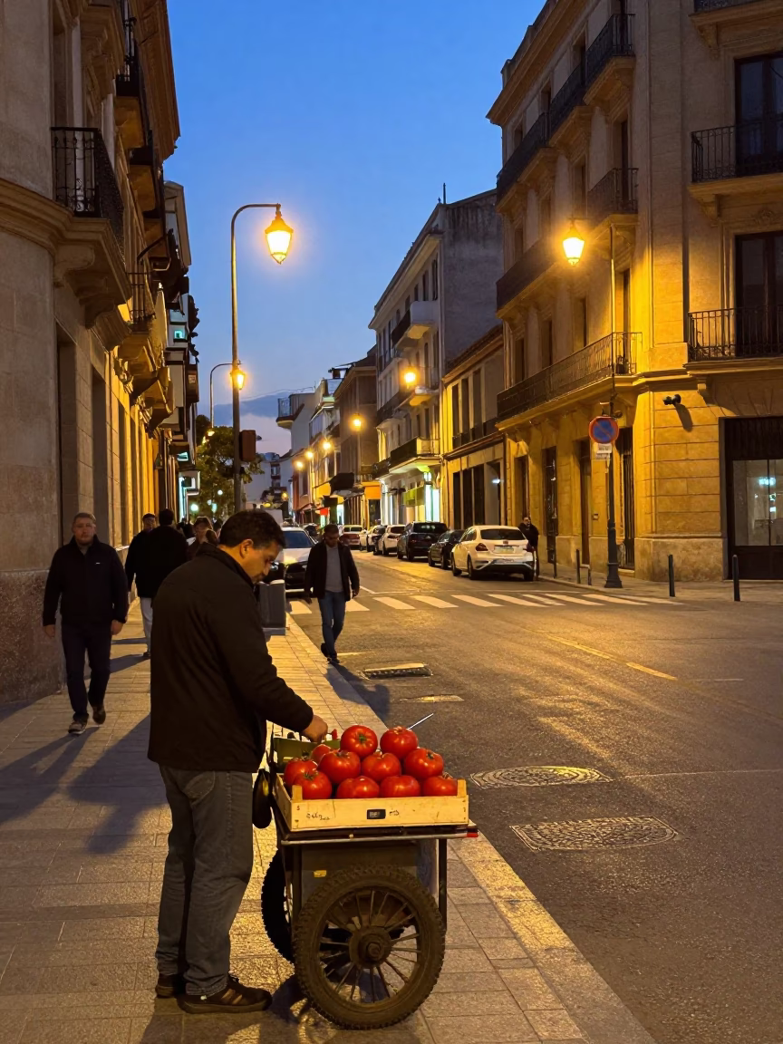 Street Scene in Valencia at As City Lights Begin To Glow in in Valencia, Spain