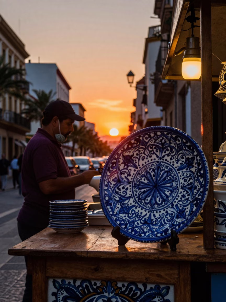 Street Scene in Valencia at As The Sun Drops Toward The Horizon in in Valencia, Spain