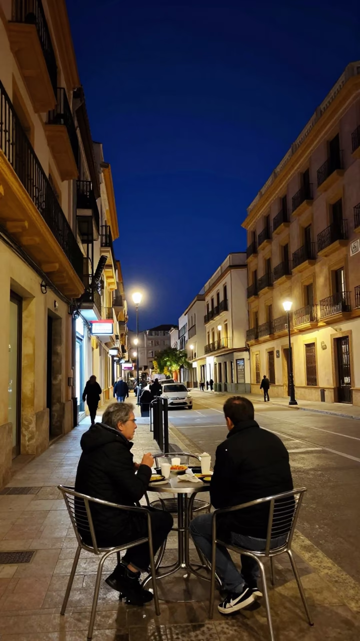 Street Scene in Valencia at The Deepest Night Sky Light in in Valencia, Spain