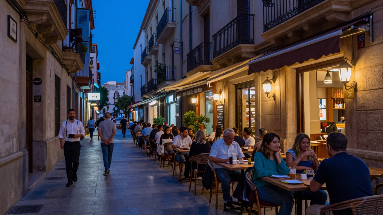 Street Scene in Valencia at The Last Blue Light Of Evening in in Valencia, Spain