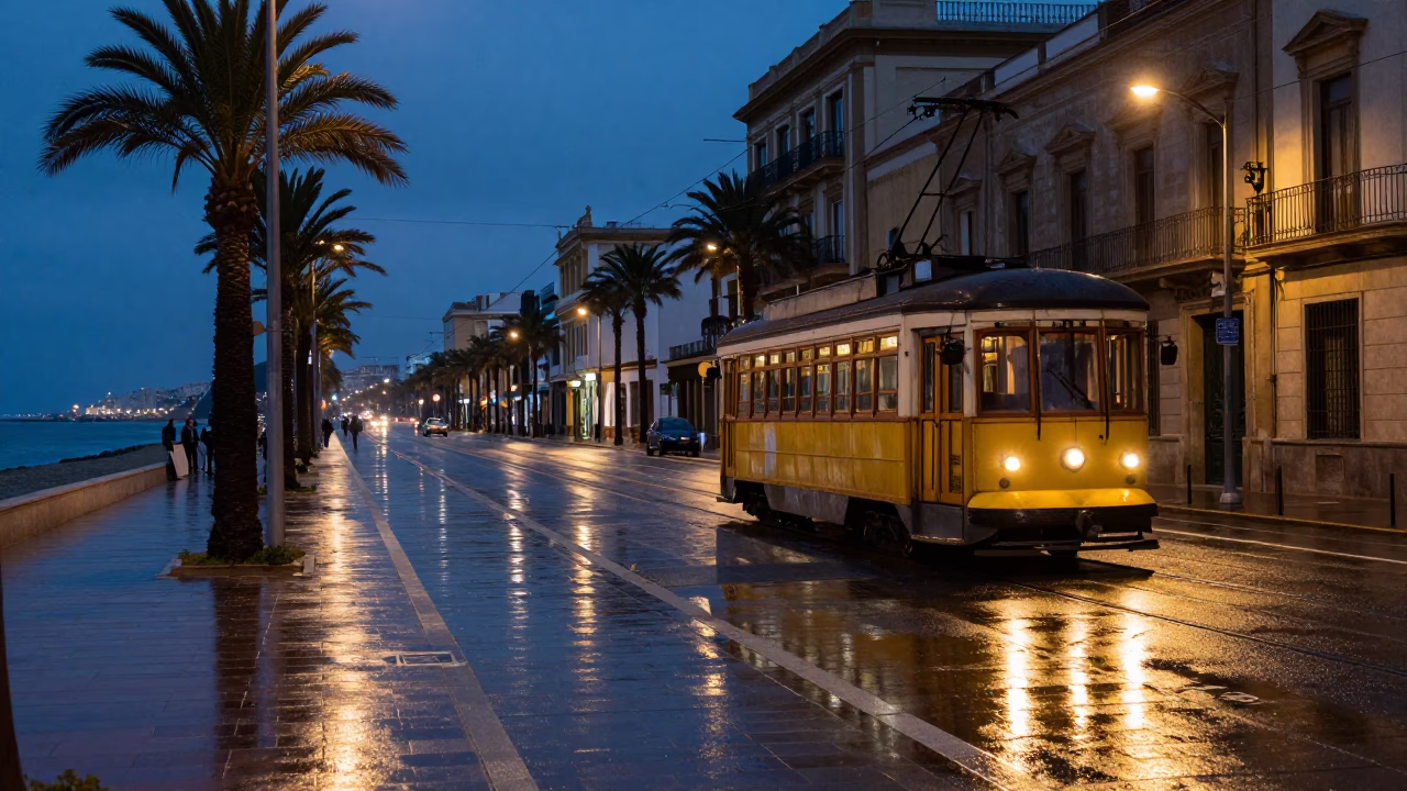 Street Scene in Valencia at The Predawn Darkness Light in in Valencia, Spain
