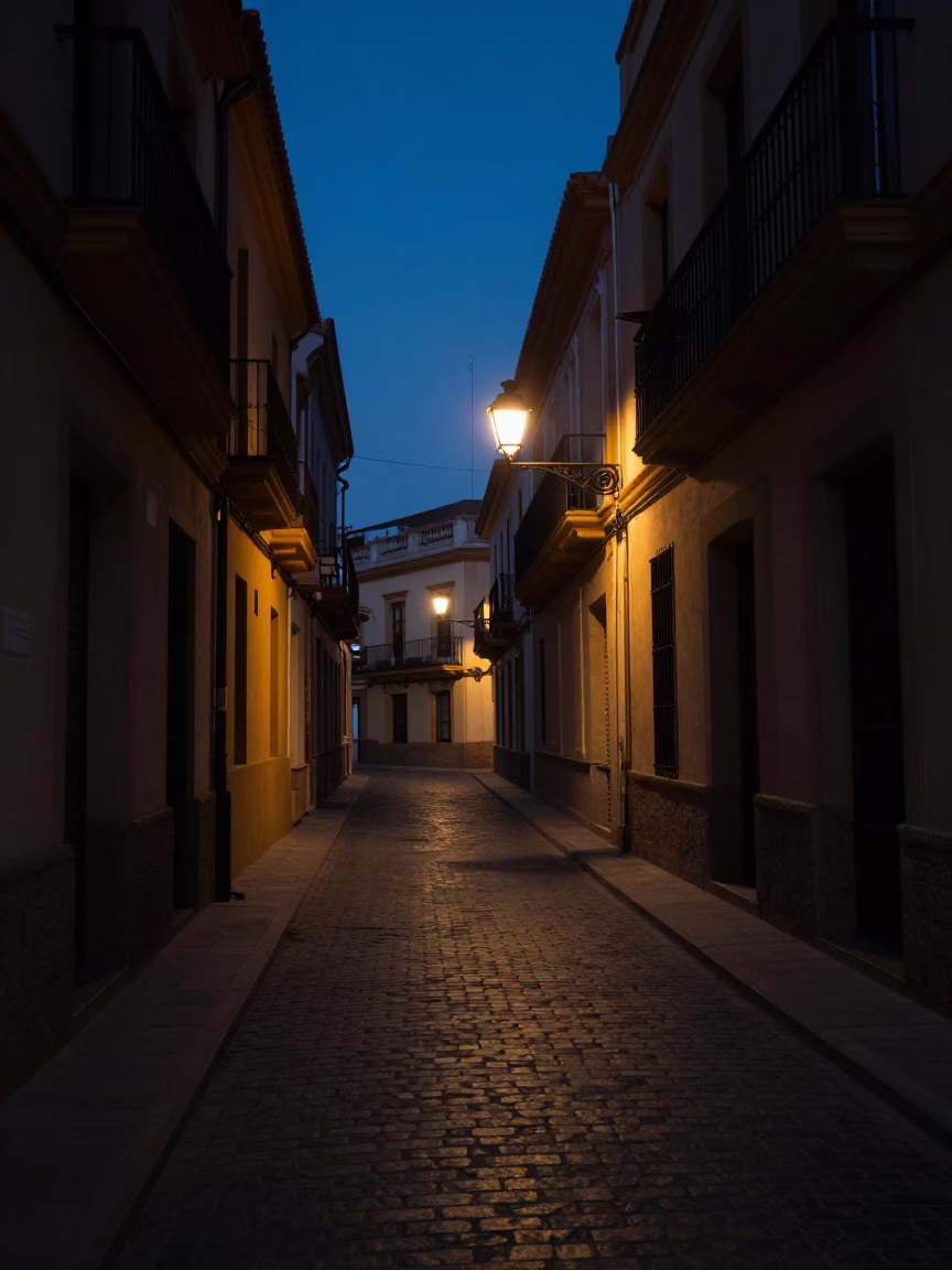 Street Scene in Valencia at The Predawn Darkness Light in in Valencia, Spain