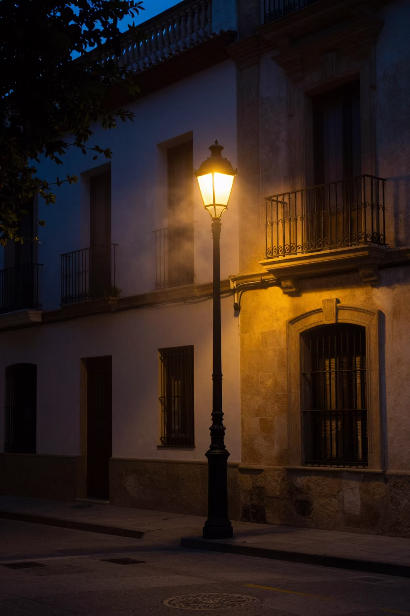 Street Scene in Valencia at The Predawn Darkness Light in in Valencia, Spain