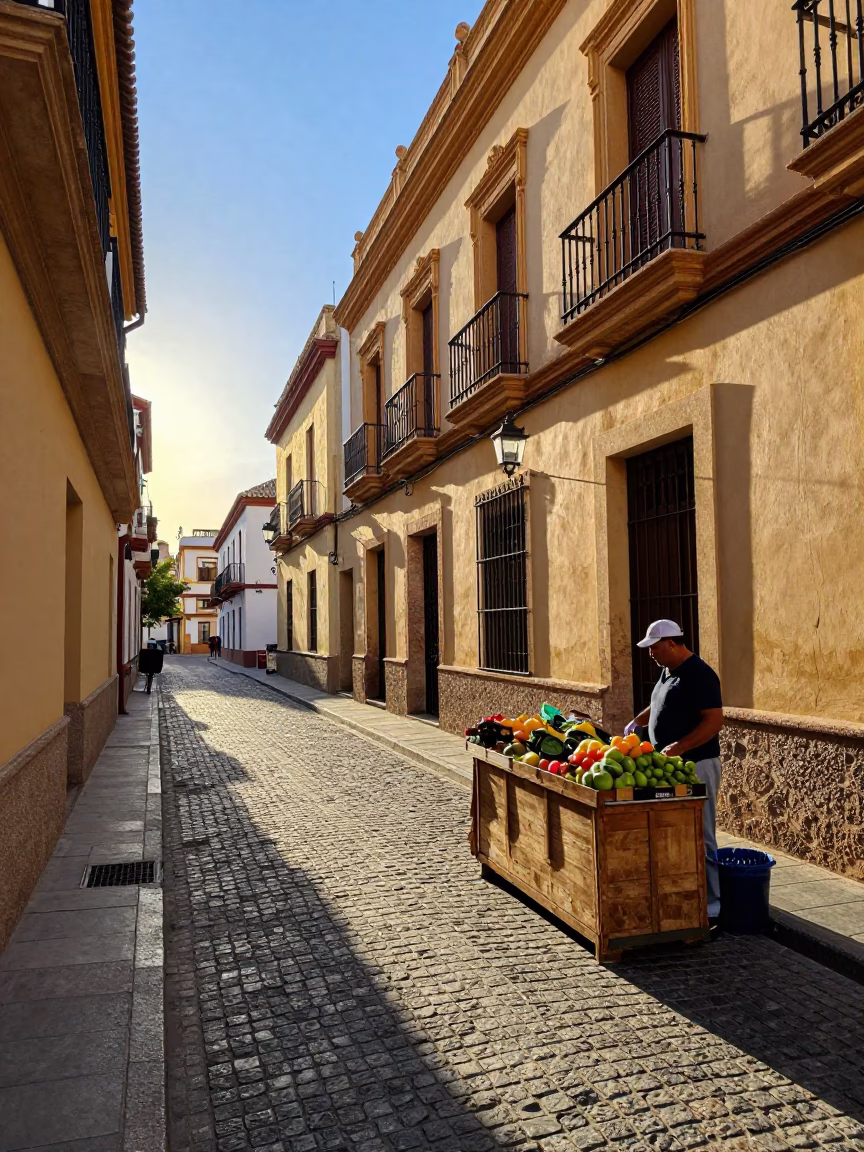 Street Scene in Valencia Spain Late Afternoon Light with Local Market Activity in in Valencia, Spain