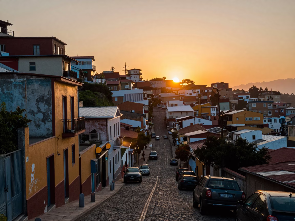 Street Scene in Valparaiso at As The Sun Drops Toward The Horizon in in Valparaiso, Chile