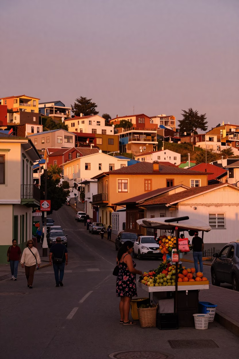 Street Scene in Valparaiso at Copper-toned Light Before Dusk in in Valparaiso, Chile