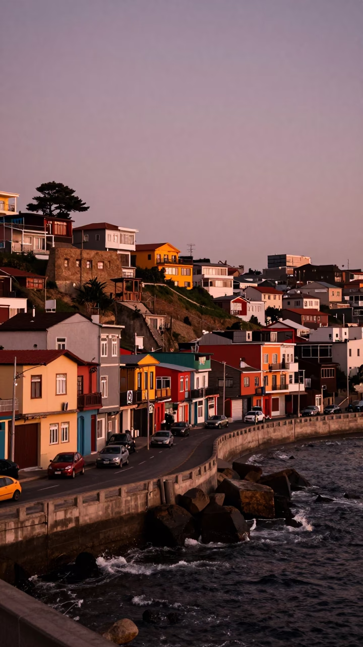Street Scene in Valparaiso at Copper-toned Light Before Dusk in in Valparaiso, Chile
