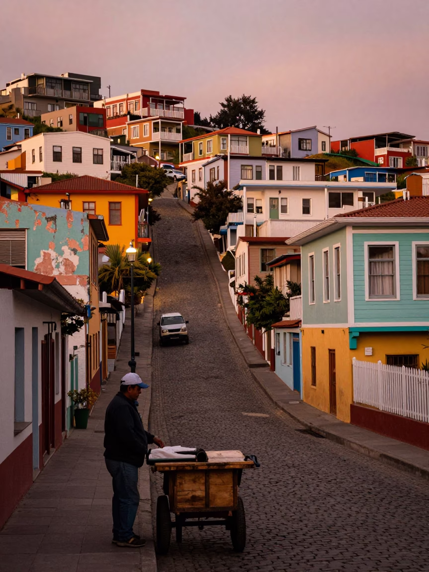 Street Scene in Valparaiso at Copper-toned Light Before Dusk in in Valparaiso, Chile