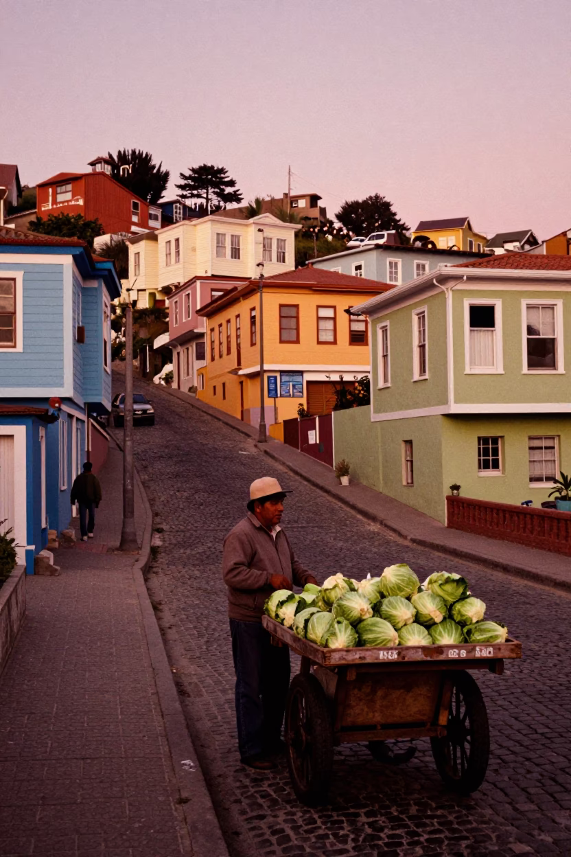 Street Scene in Valparaiso at Copper-toned Light Before Dusk in in Valparaiso, Chile