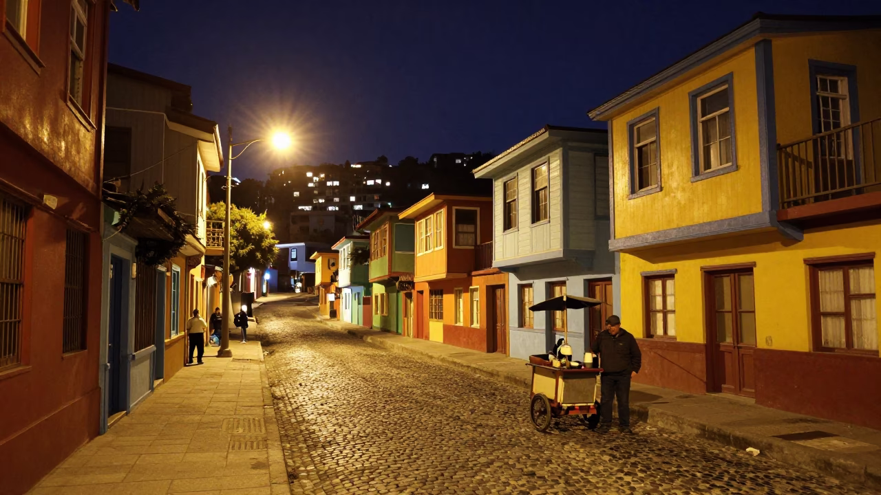 Street Scene in Valparaiso at Deep In The Night Light in in Valparaiso, Chile