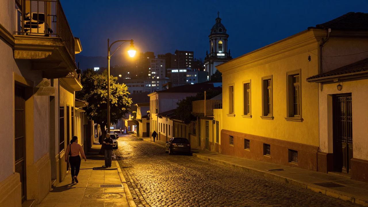Street Scene in Valparaiso at Deep In The Night Light in in Valparaiso, Chile