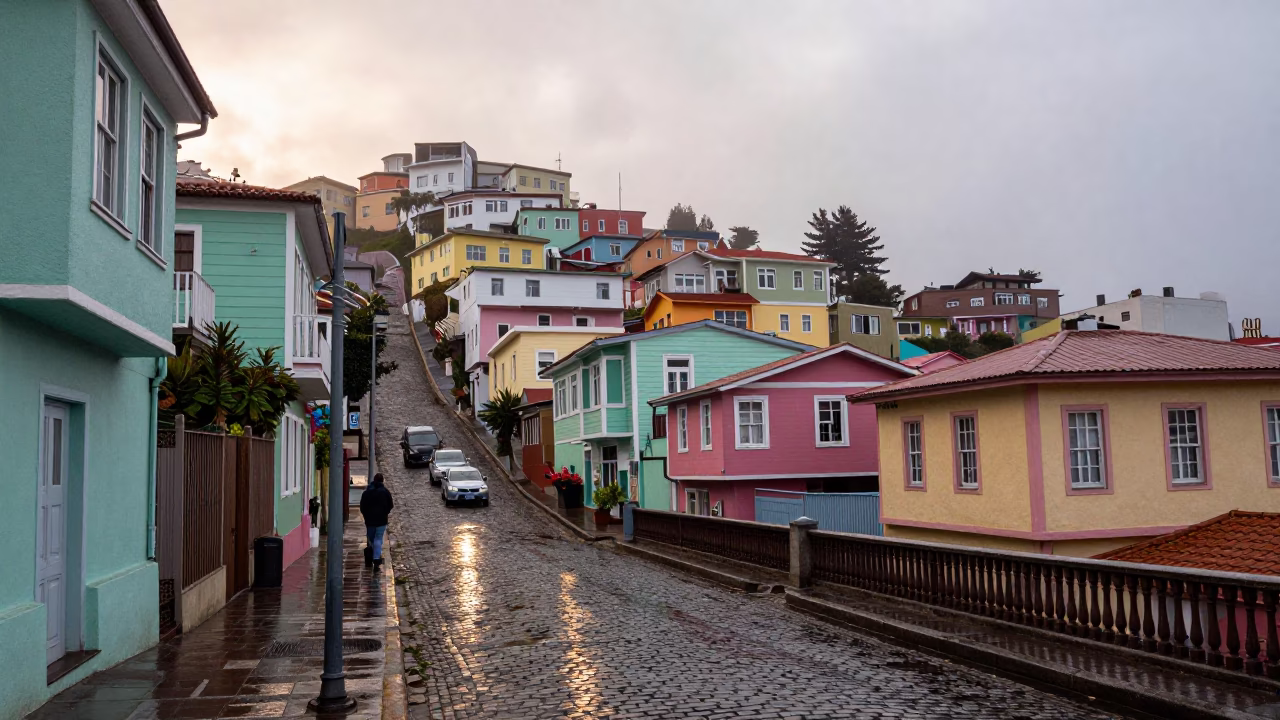 Street Scene in Valparaiso at First Light in in Valparaiso, Chile