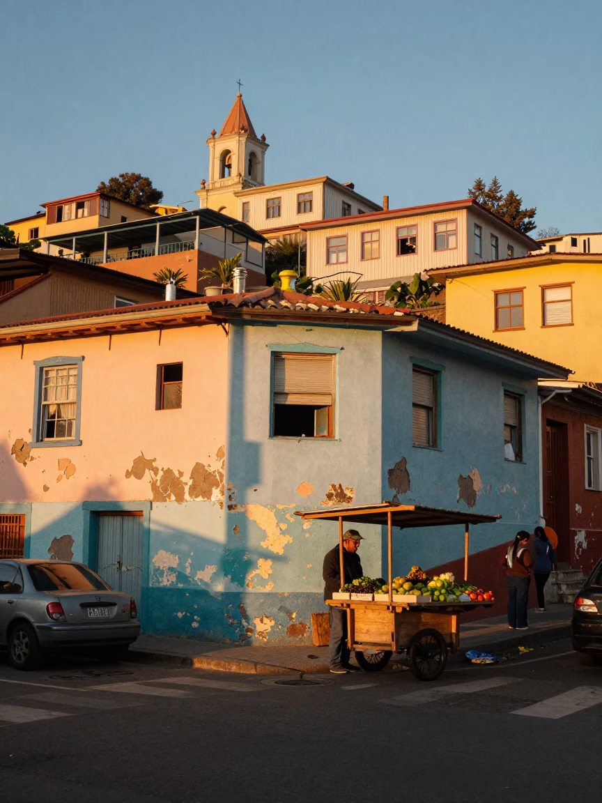 Street Scene in Valparaiso at Honeyed Evening Light in in Valparaiso, Chile