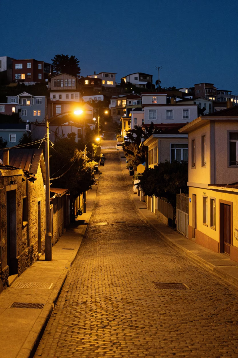 Street Scene in Valparaiso at Late At Night Light in in Valparaiso, Chile