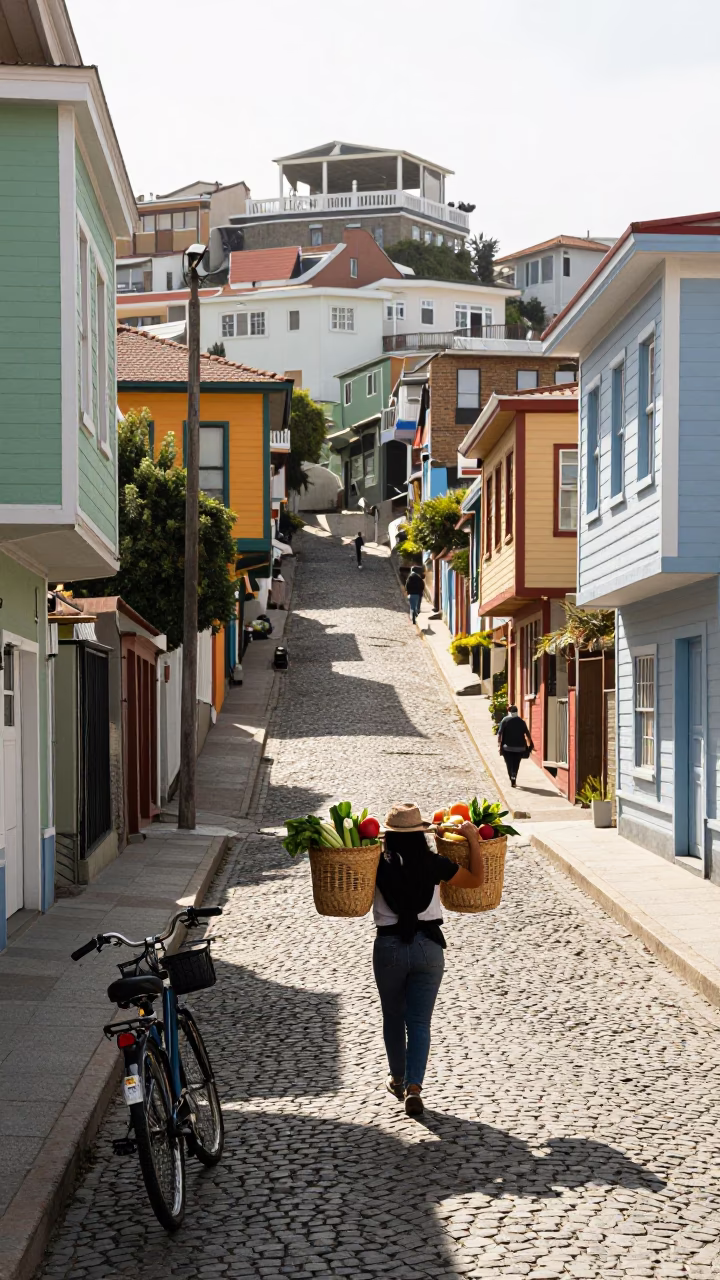 Street Scene in Valparaiso at Late Morning Light in in Valparaiso, Chile