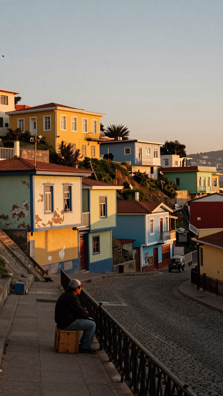 Street Scene in Valparaiso at Sunset Light in in Valparaiso, Chile