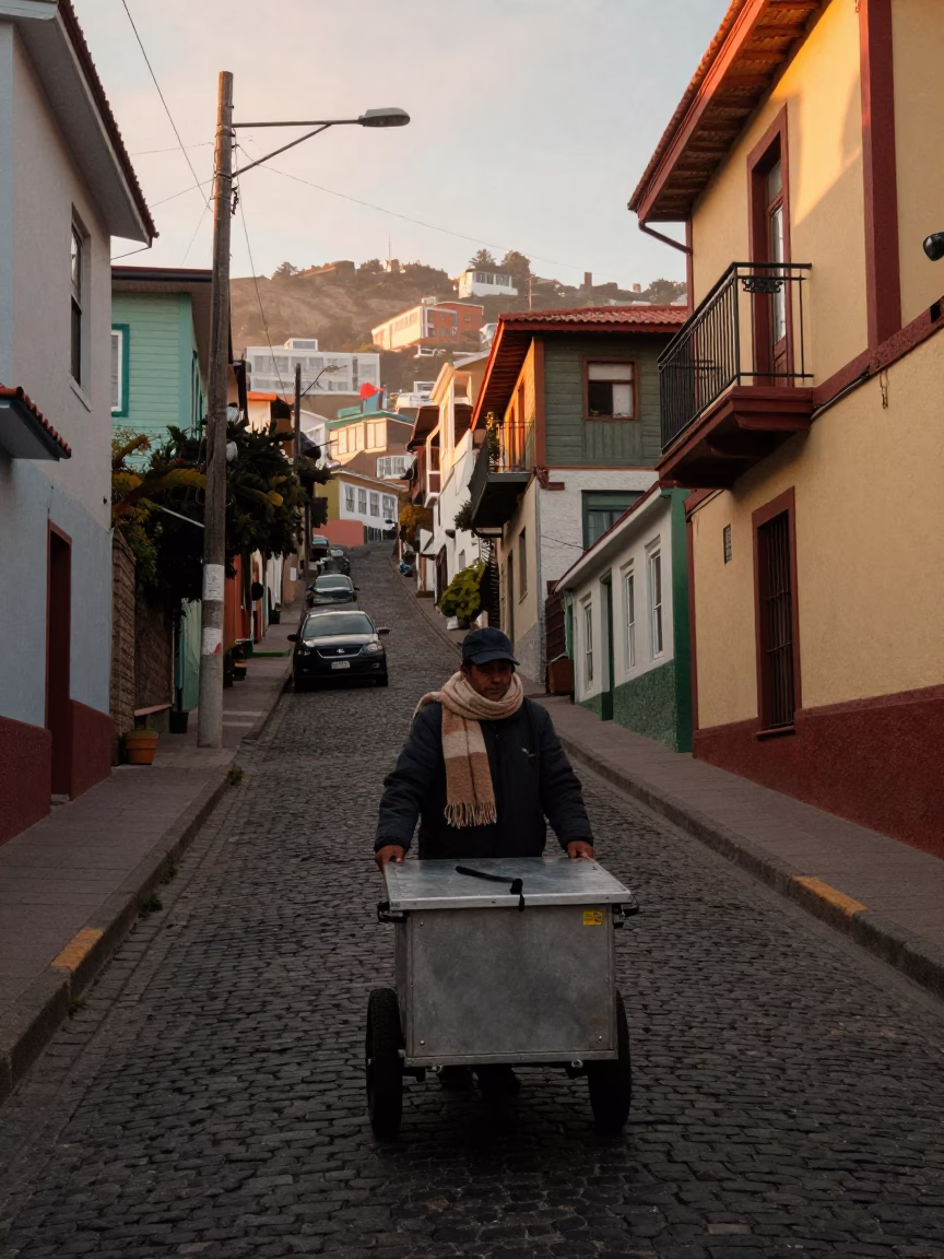 Street Scene in Valparaiso at The Early Morning Light in in Valparaiso, Chile