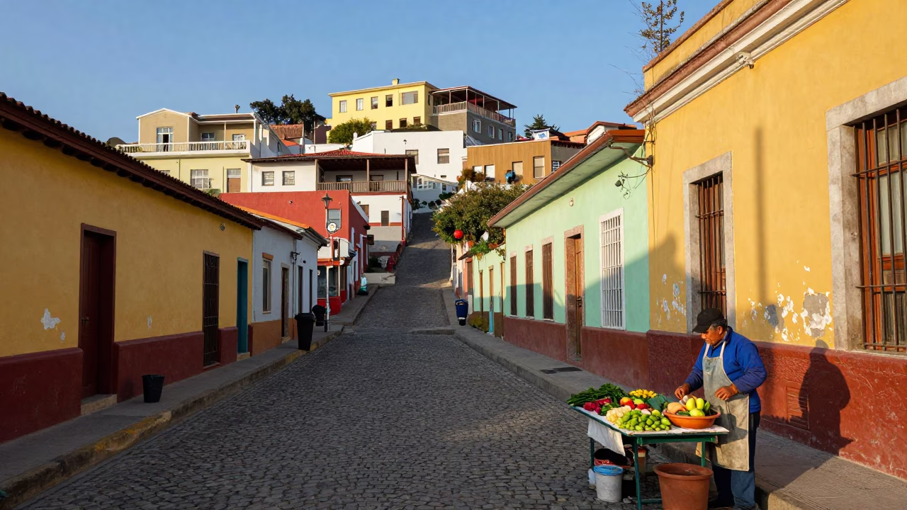 Street Scene in Valparaiso at The Late Afternoon Light in in Valparaiso, Chile