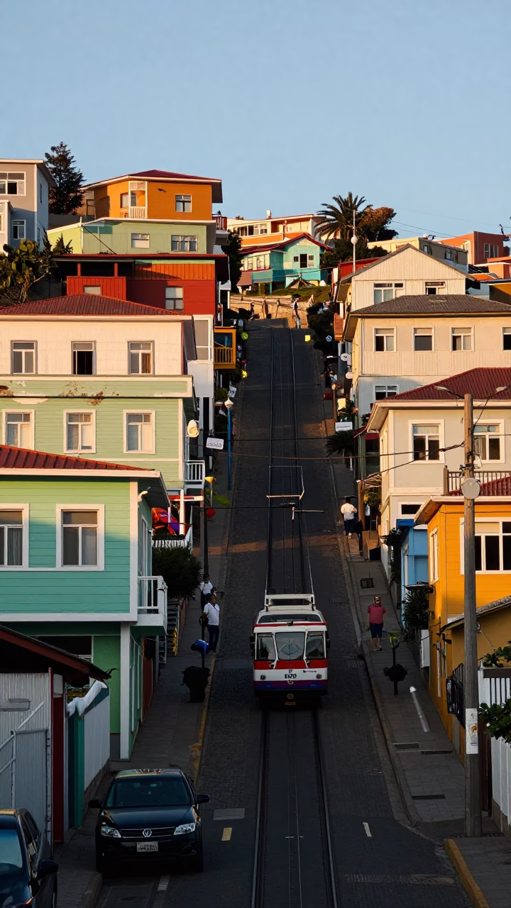 Street Scene in Valparaiso at The Late Morning Light in in Valparaiso, Chile