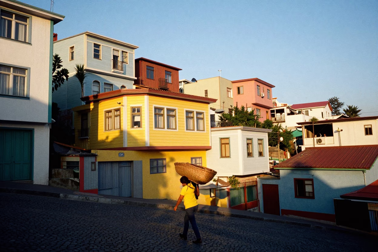 Street Scene in Valparaiso at The Late Morning Light in in Valparaiso, Chile
