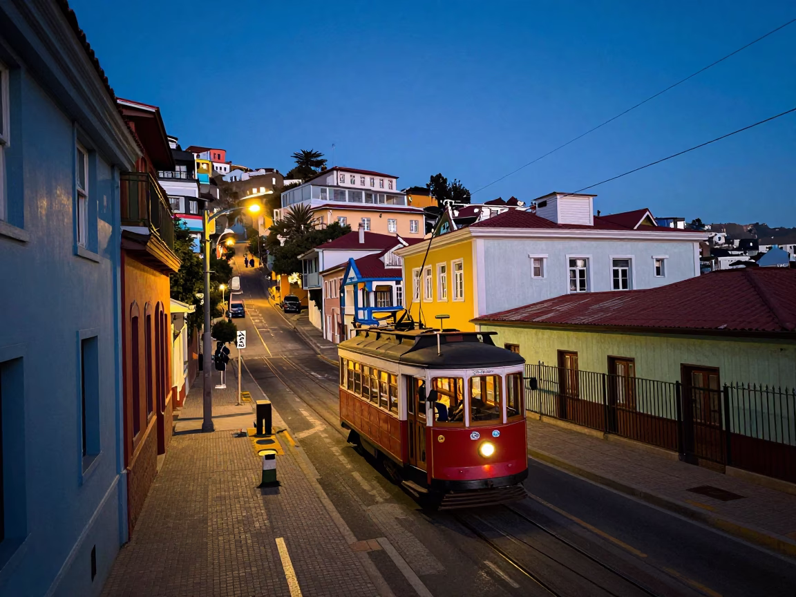 Street Scene in Valparaiso at The Still Hours Before Dawn Light in in Valparaiso, Chile