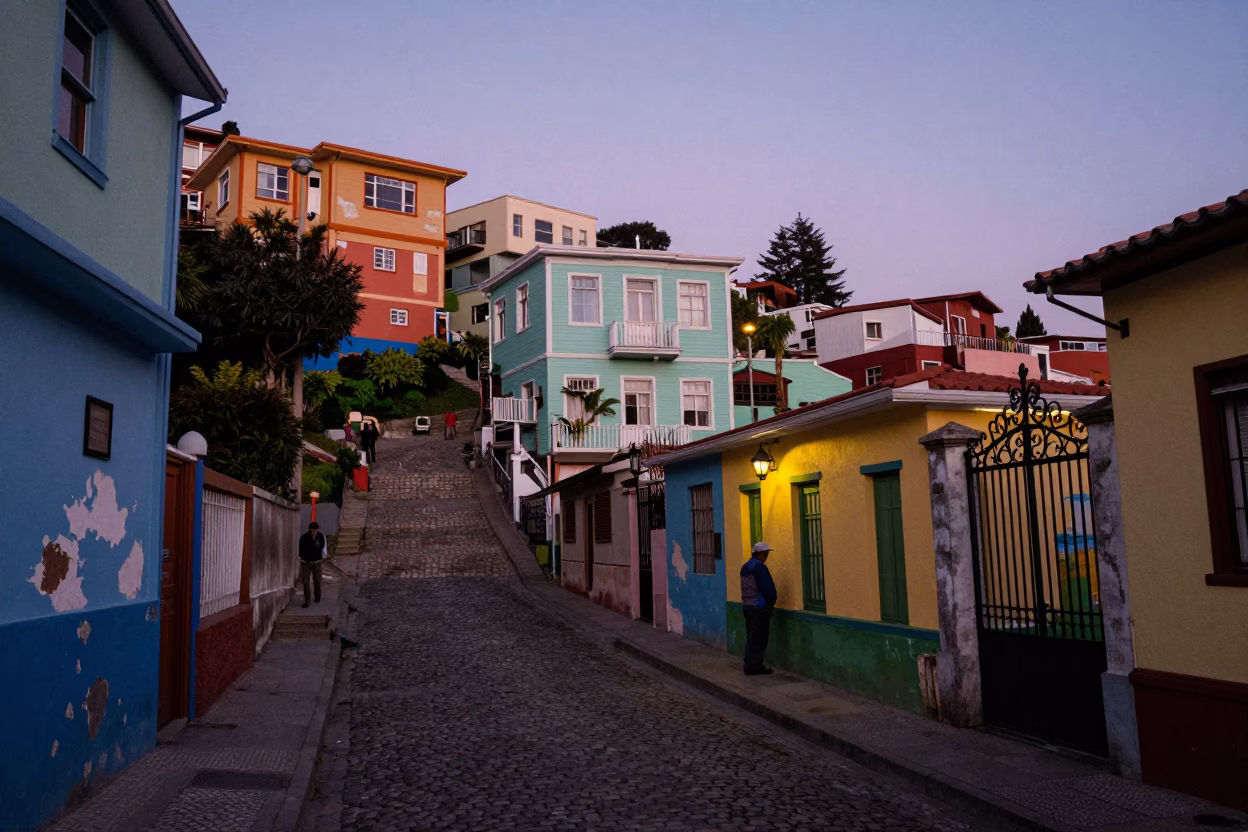 Street Scene in Valparaiso at The Still Hours Before Dawn Light in in Valparaiso, Chile