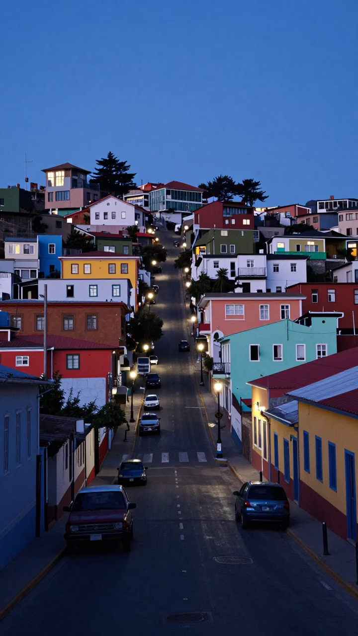 Street Scene in Valparaiso at The Still Hours Before Dawn Light in in Valparaiso, Chile